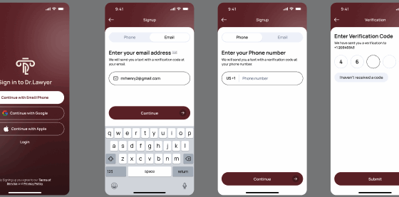 Dr. Lawyer legal services mobile application screens
